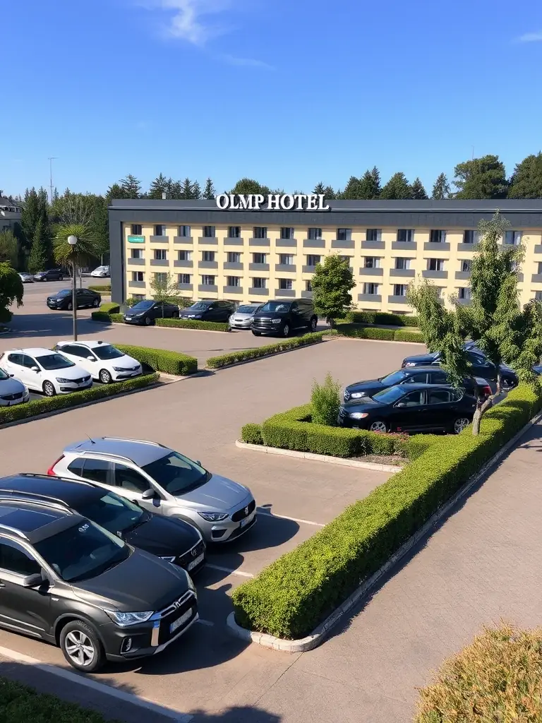 A dedicated parking area at Olymp Hotel, showing several cars parked neatly and safely.