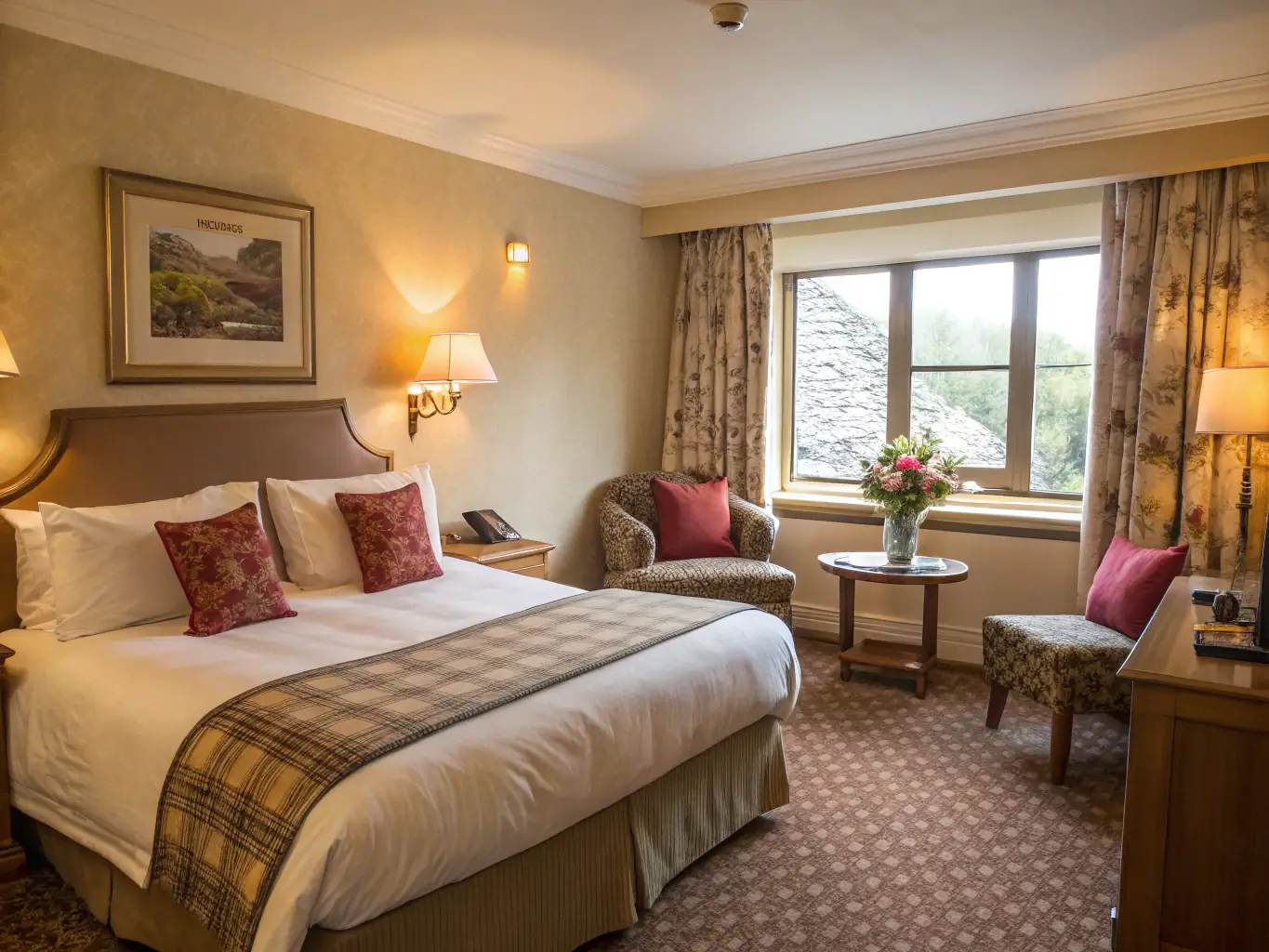 A tastefully decorated Standard room at Olymp Hotel, showcasing a comfortable double bed, a seating area, and a well-equipped bathroom, emphasizing a balance of comfort and style.